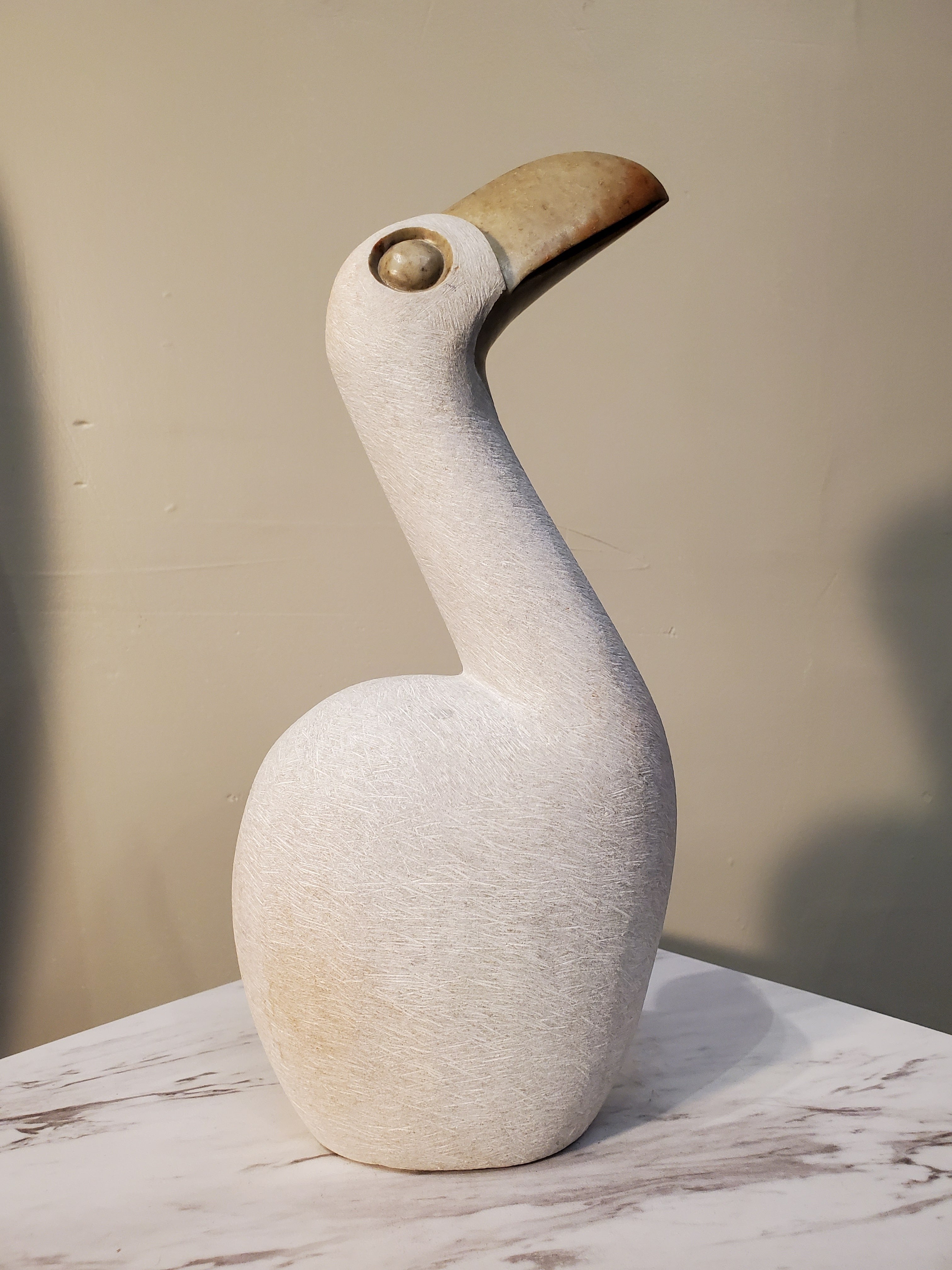 White Pelican Bird sitting looking up curiously. The bird has a beautiful gold beak. Colors Include: Gold, White.