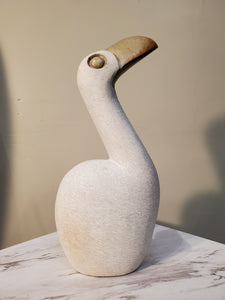 White Pelican Bird sitting looking up curiously. The bird has a beautiful gold beak. Colors Include: Gold, White.