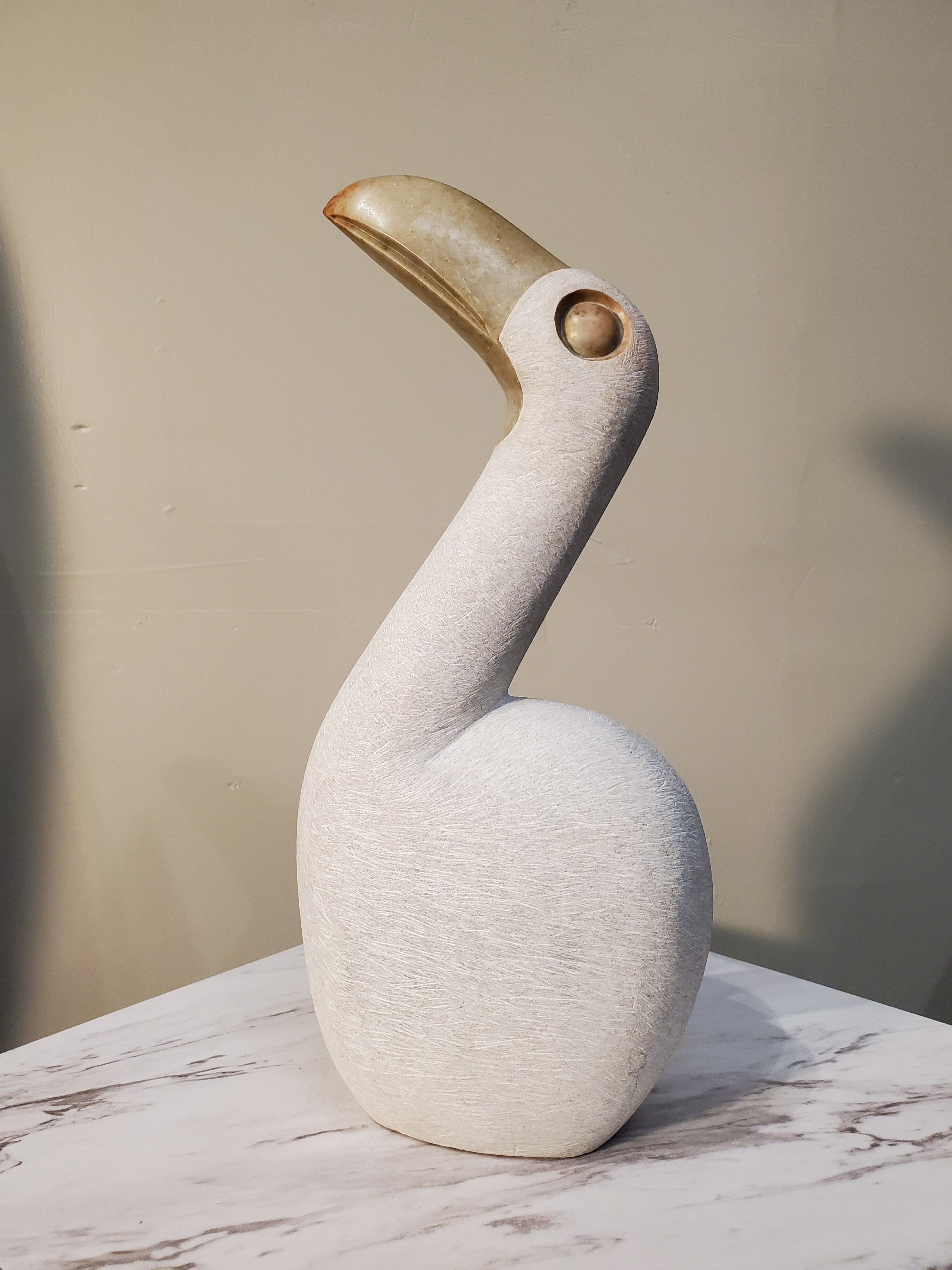 White Pelican Bird sitting looking up curiously. The bird has a beautiful gold beak. Colors Include: Gold, White. 
