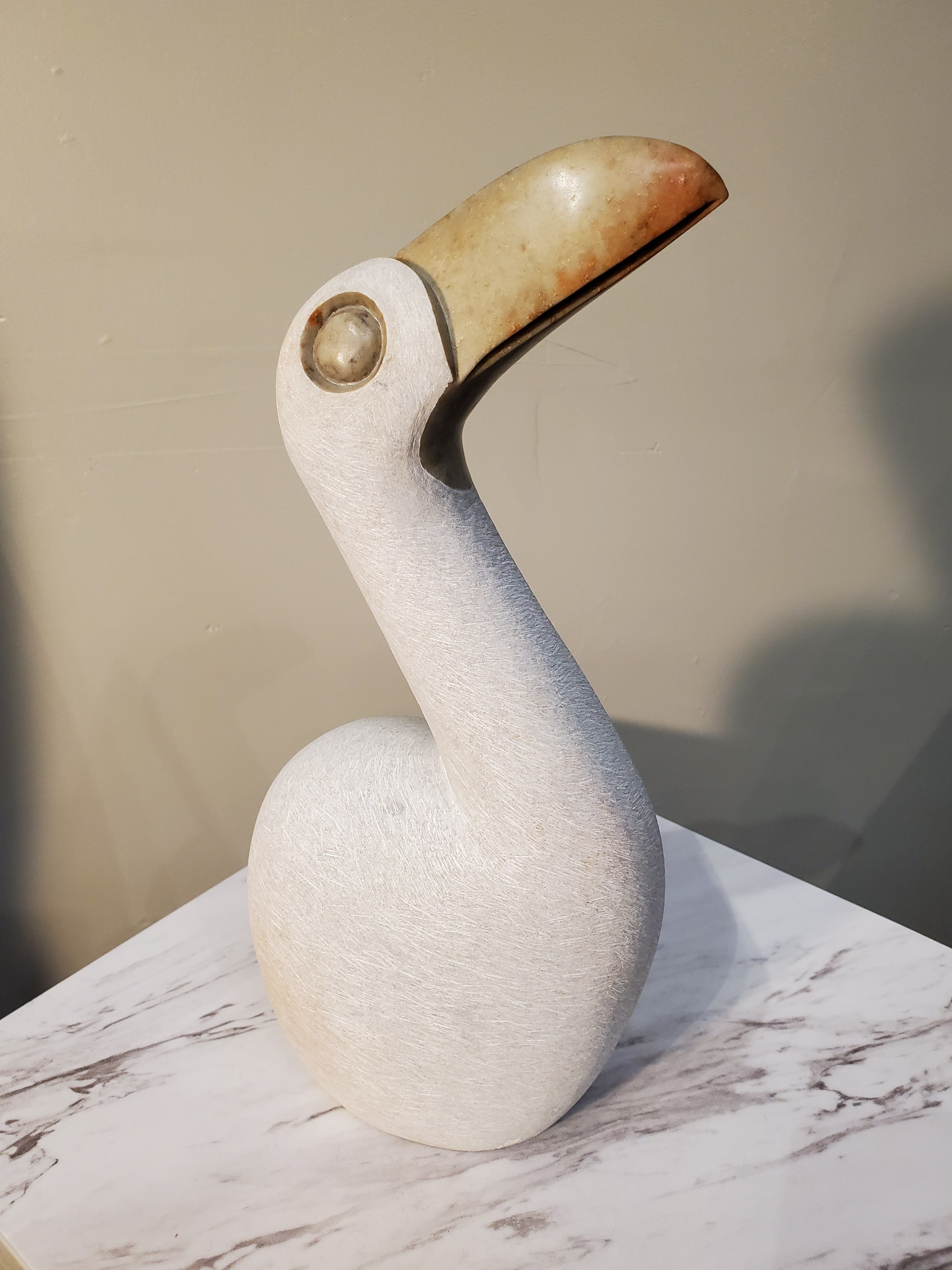 White Pelican Bird sitting looking up curiously. The bird has a beautiful gold beak. Colors Include: Gold, White.